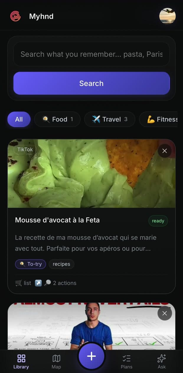The Myhnd library on a phone: saved TikToks, videos and links, each with its own AI summary and shelf