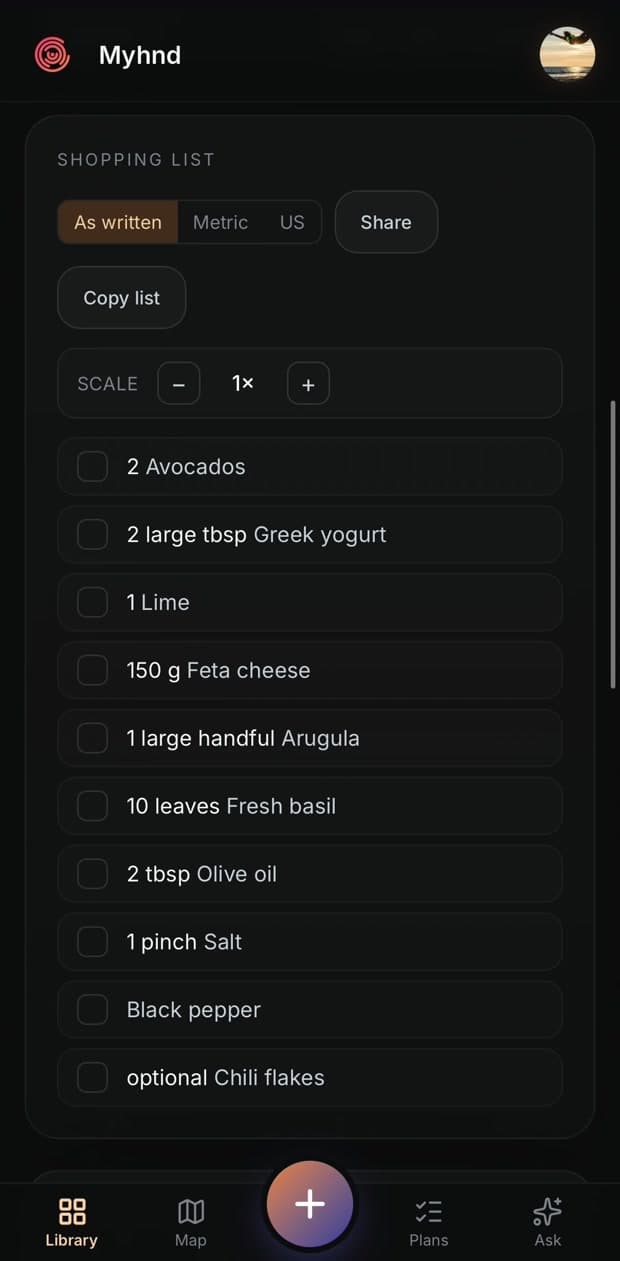 A saved TikTok recipe turned into a checkable shopping list in Myhnd, with a servings scale stepper and a toggle between as-written, metric and US units